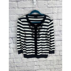 Talbots Women's Black & White Striped Embellished Bead Cardigan Casual Small
